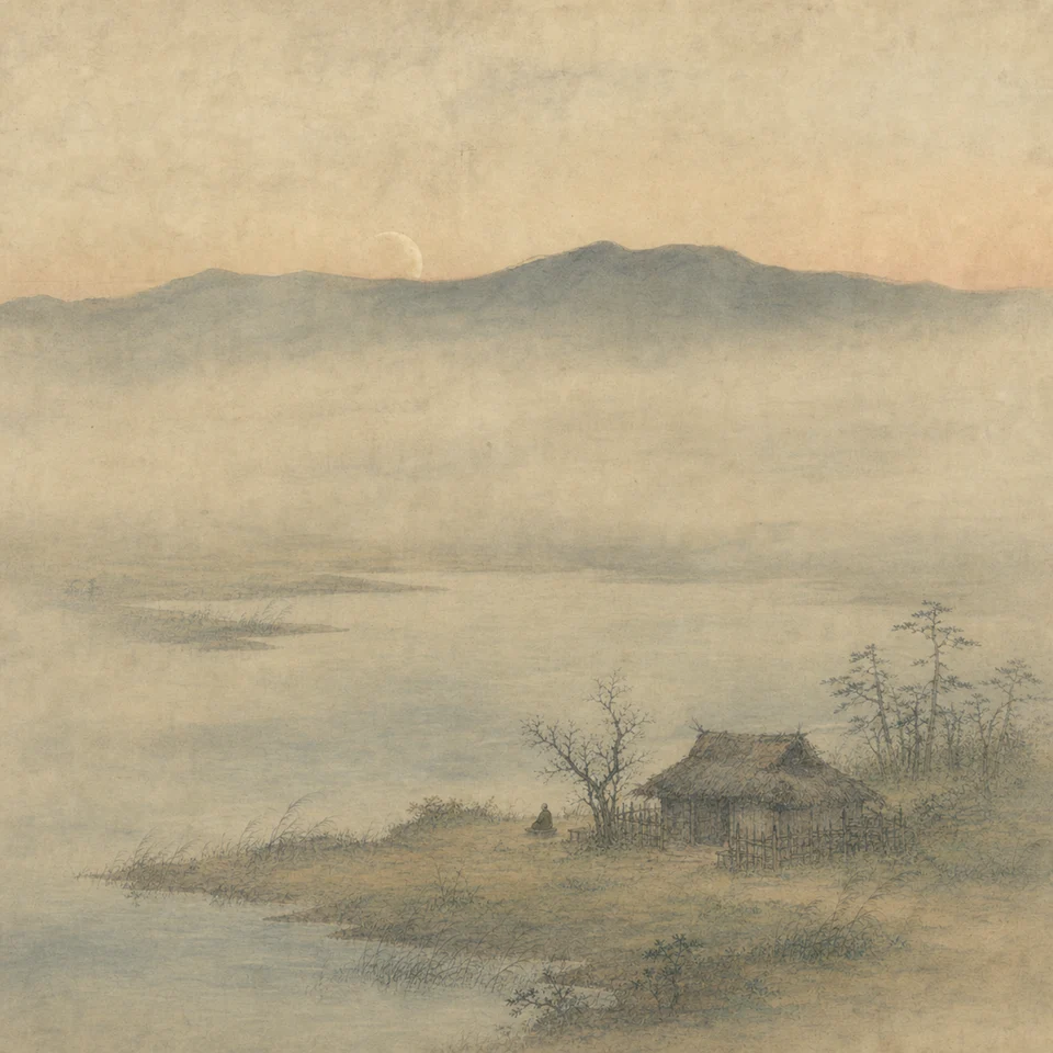 夜明けの山の端へ傾く月の下、草庵のそばで小さな僧が座る