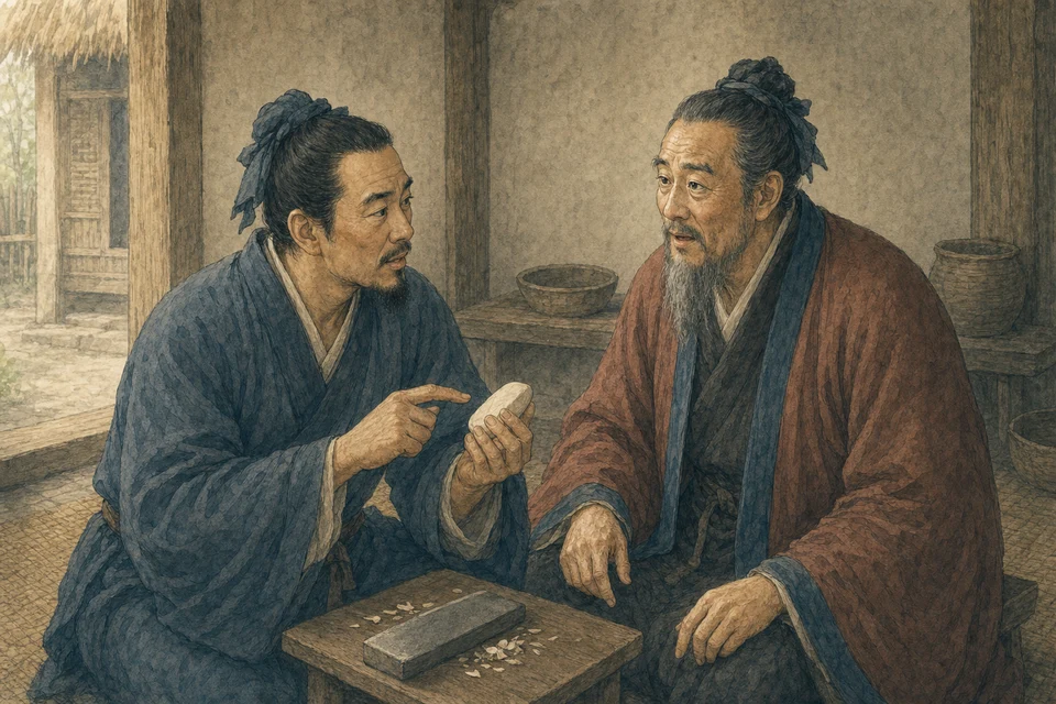 簡素な室内で、骨片を手にした子貢へ孔子が身を乗り出して応える。