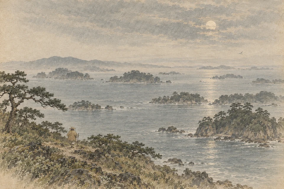 薄雲の月が照らす松島の島々を、岸辺に立つ菅笠と蓑の旅人が眺め、遠くを一羽の鳥が飛ぶ。