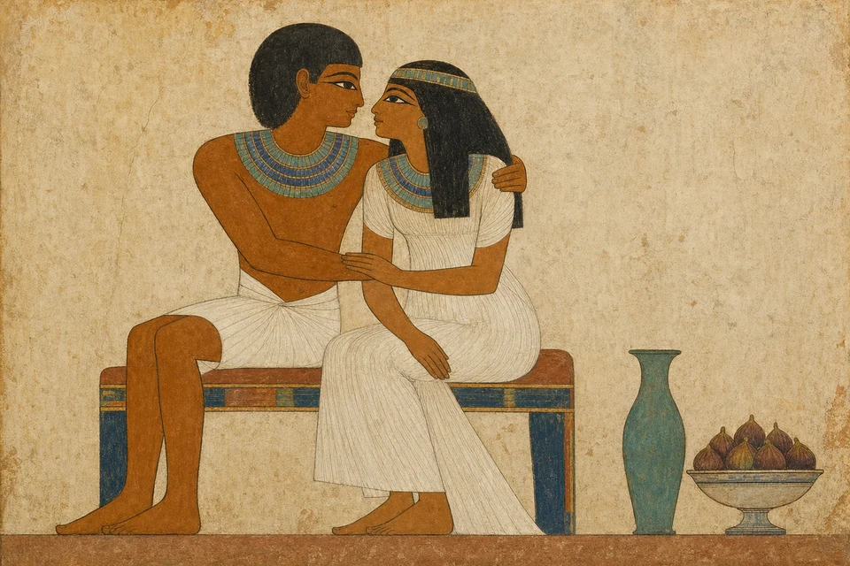 夫が妻の肩に腕を回して引き寄せ、二人が顔を向き合わせて座っている