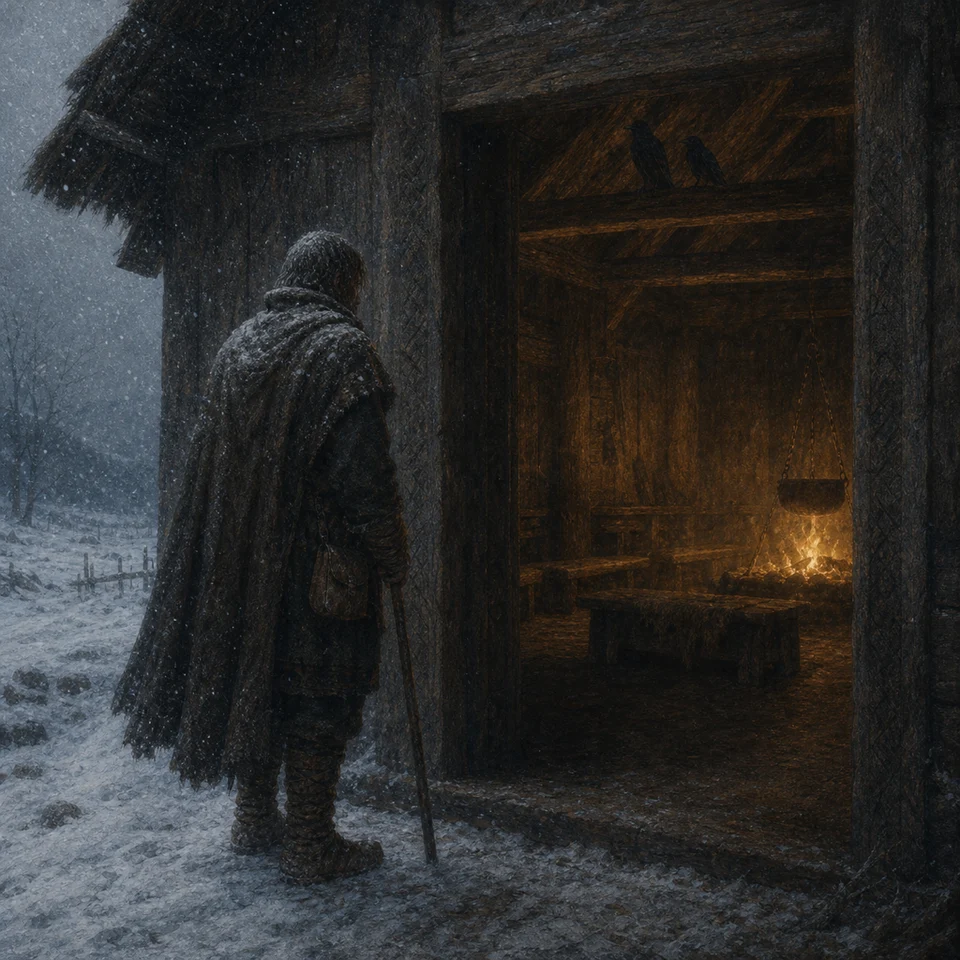 雪の降る戸口の外に、杖を持った旅人が立ち、炉火の灯る木造の館の中を見晴らしている。梁の上に鴉が二羽いる