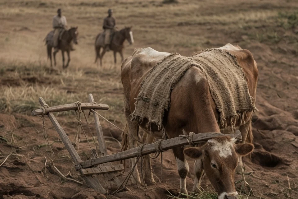 牛が遠くの武装した略奪者に背を向け、飼葉を差し出す耕作者と木の軛へ歩み寄っている