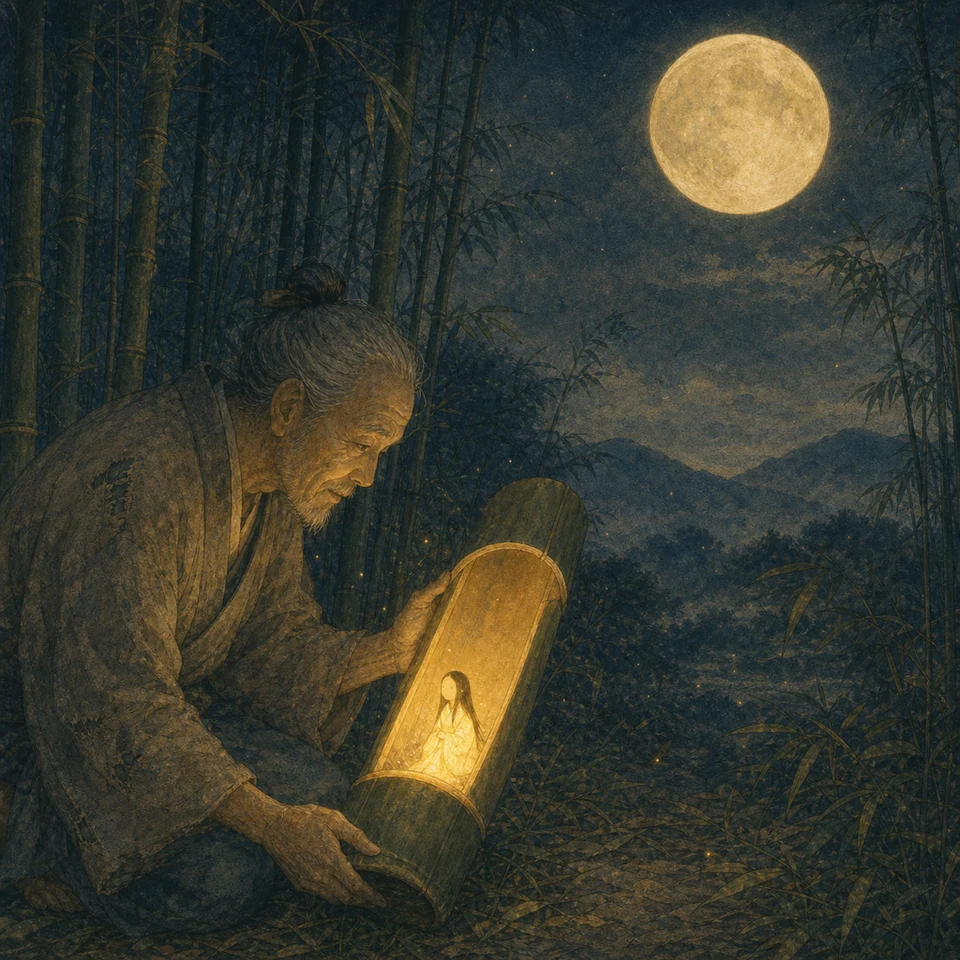 月夜の竹林で、翁が割れた竹の筒を抱き、筒の中に手のひらほどの小さな人が金色の光に包まれて座っている
