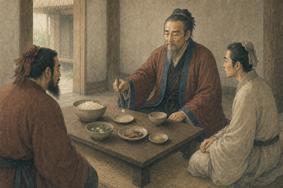 食卓についた孔子が、食べる前に飯の一部を箸で別の小皿へ取り分けて供える。