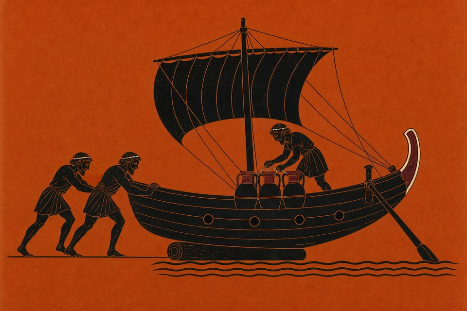 黒絵式壺絵調で、船人たちが荷を積んだ帆船を穏やかな海へ引き下ろし、一定の風を受けた帆がふくらんでいる