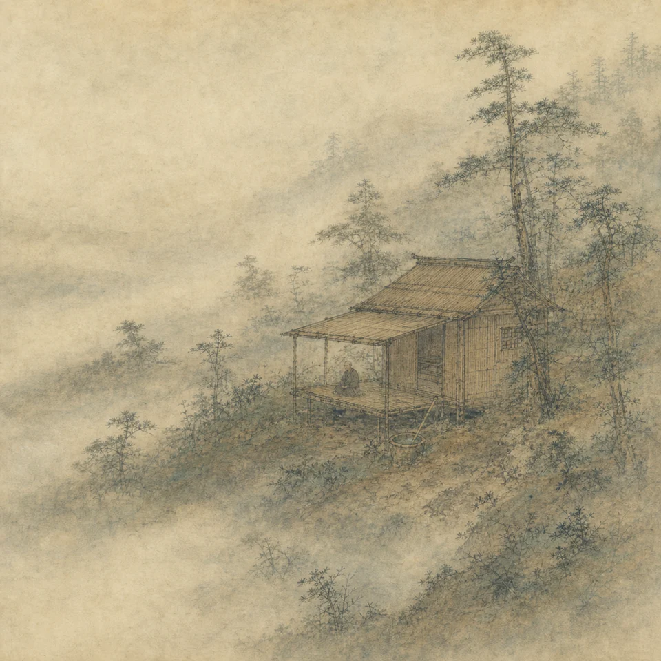 日野山の木々と筧の水に囲まれた一丈四方の小さな庵に、老いた僧が座る