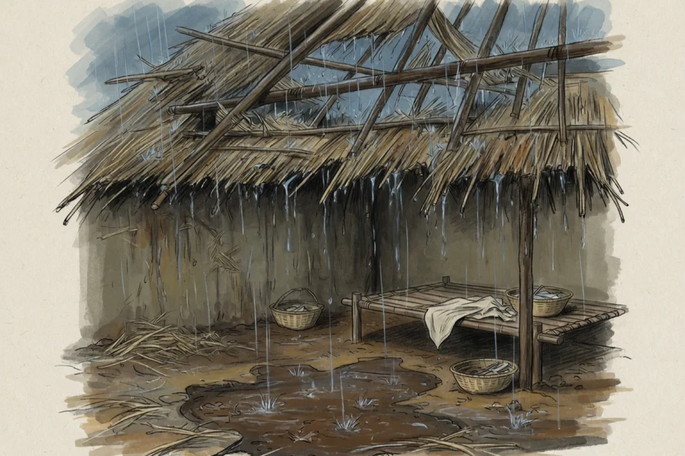 激しい雨の夜、粗く葺かれた茅屋根の隙間から幾筋もの雨水が入り、木組みと土の床を濡らしている