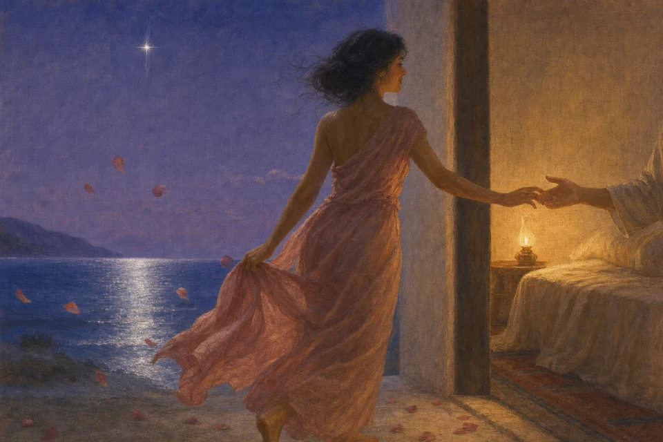 海上の夕星の下、薔薇色の衣の花嫁が灯りの中の手へ歩み寄る