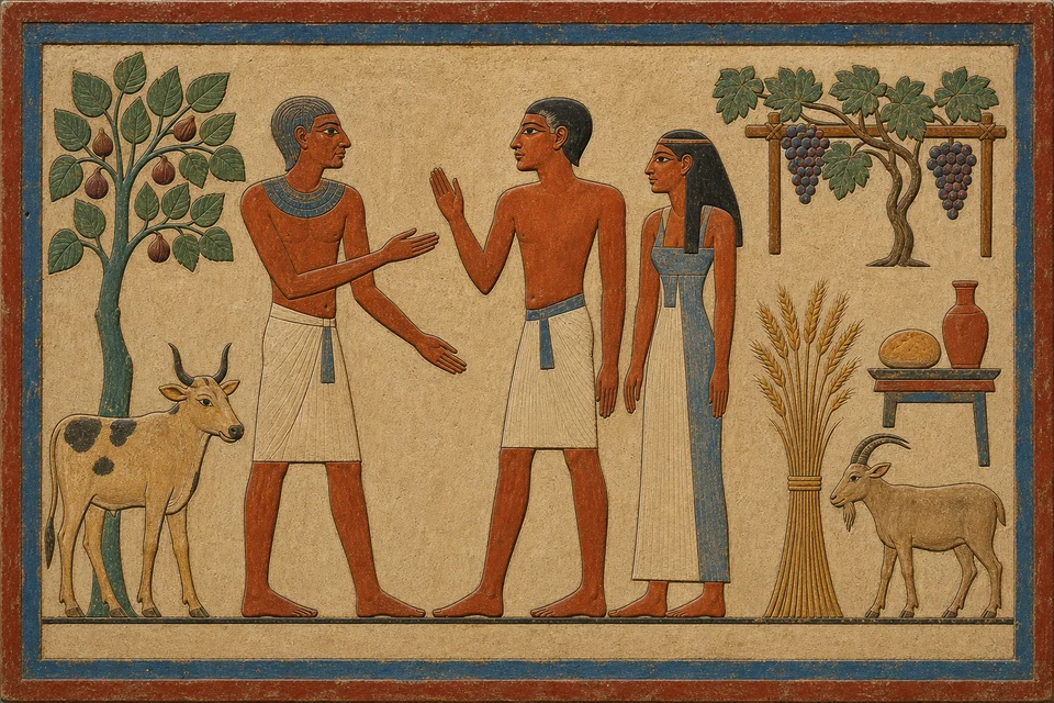 壮年のシヌヘが家族とともに、イチジクとブドウの木、穀物、家畜に恵まれたイアアの土地を見渡している