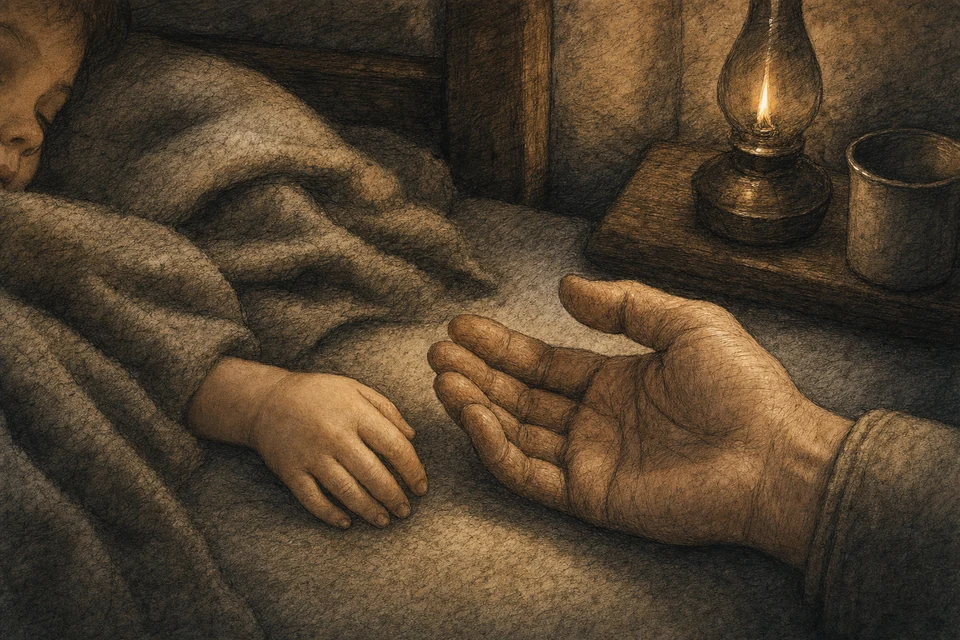 眠る子どもの小さな手のそばで、父の年を重ねた手が握り締めるのをやめ、開いたまま見守る場面