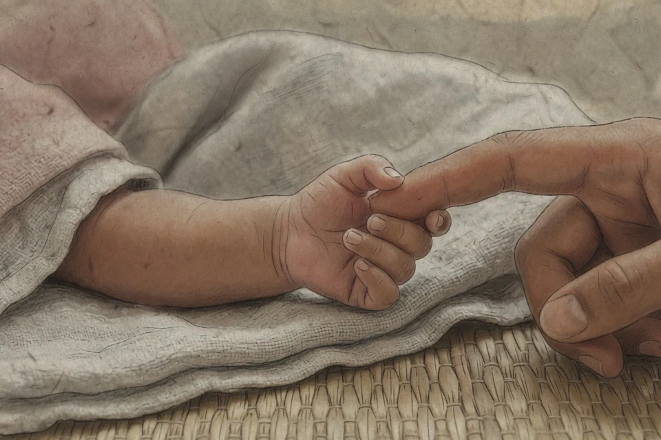 生成りの織布に横たわる赤子の柔らかな手が、大人の一本の指を強く握っている