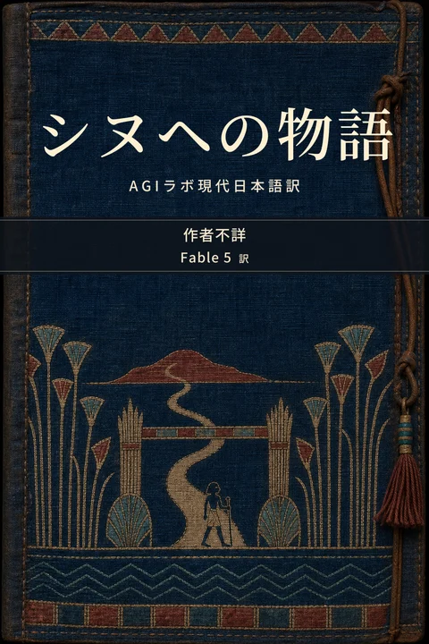 シヌヘの物語 AGIラボ現代日本語訳の表紙。作者不詳、翻訳者はFable 5。藍染め亜麻布に国境を越える旅人の道を刺繍した巻子袋風の表紙原画