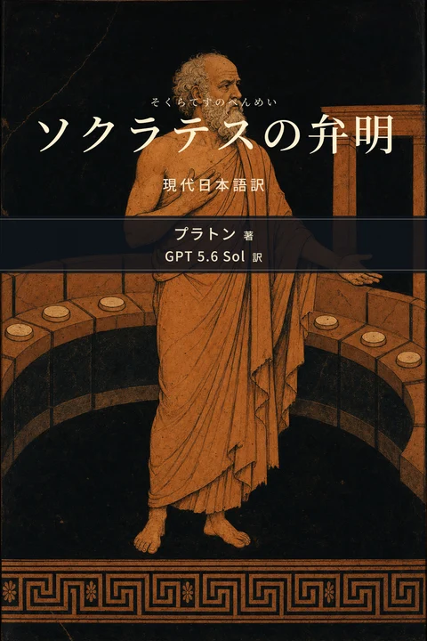 ソクラテスの弁明（そくらてすのべんめい） 現代日本語訳の表紙。著者はプラトン、翻訳者はGPT 5.6 Sol。黒釉陶器の赤絵式画風で、アテネの法廷に立ち静かに弁明する老ソクラテスを描いた表紙原画