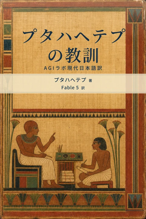 プタハヘテプの教訓 AGIラボ現代日本語訳の表紙。著者はプタハヘテプ、翻訳者はFable 5。パピルスと彩色木板に、教えを授ける長老と若い書記を古代エジプトの平面画で描いた表紙原画