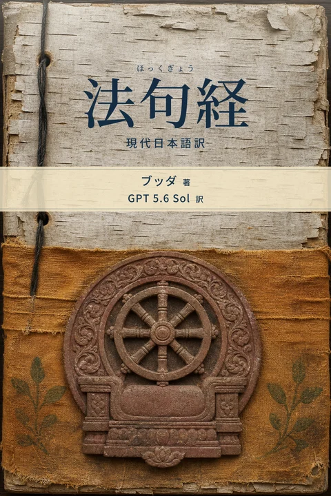 法句経（ほっくぎょう） 現代日本語訳の表紙。著者はブッダ、翻訳者はGPT 5.6 Sol。樺皮巻子と褪せた黄土色の布に、法輪と空座を赤砂岩の浮彫で表した表紙原画