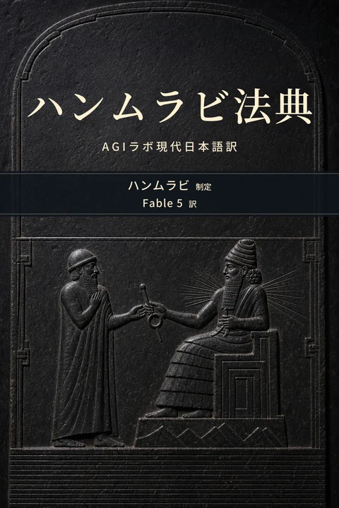 ハンムラビ法典 AGIラボ現代日本語訳の表紙。著者はハンムラビ、翻訳者はFable 5。黒玄武岩にハンムラビがシャマシュから王権の印を受ける場面を浅く彫った表紙原画
