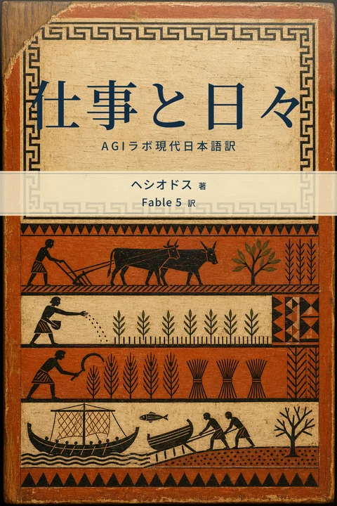 仕事と日々 AGIラボ現代日本語訳の表紙。著者はヘシオドス、翻訳者はFable 5。白亜と鉄赤の彩色木板に耕作・播種・収穫・航海を幾何学期様式で並べた表紙原画