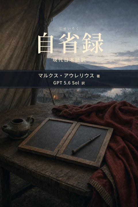 自省録（じせいろく） 現代日本語訳の表紙。著者はマルクス・アウレリウス、翻訳者はGPT 5.6 Sol。夜明け前のローマ軍営。天幕の机に開かれた書字板と青銅の筆、深紅の外套が置かれ、霧の川辺を見渡している。