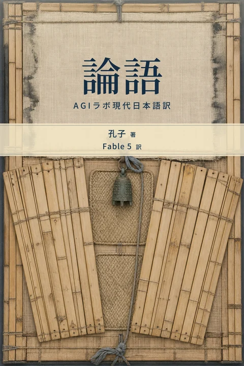 論語 AGIラボ現代日本語訳の表紙。著者は孔子、翻訳者はFable 5。生絹と素竹の帙に、向かい合う二つの竹簡束と青銅鈴を配した表紙原画