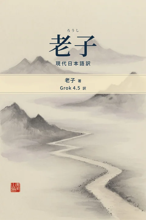 老子（ろうし） 現代日本語訳の表紙。著者は老子、翻訳者はGrok 4.5。霧の山水に細い道が消えていく、老子道徳経の抽象的な表紙