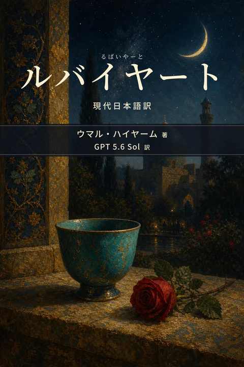 ルバイヤート（るばいやーと） 現代日本語訳の表紙。著者はウマル・ハイヤーム、翻訳者はGPT 5.6 Sol。月夜のペルシア庭園に置かれたトルコ石色の空の杯と一輪の紅い薔薇、遠くにドームの影を描いた表紙画