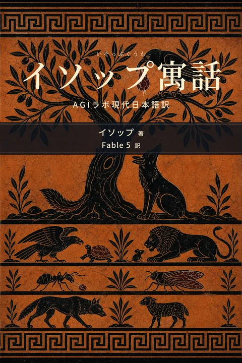 イソップ寓話（いそっぷぐうわ） AGIラボ現代日本語訳の表紙。著者はイソップ、翻訳者はFable 5。黒絵式陶器画風のテラコッタ地に、オリーブの枝で肉をくわえたワタリガラスとそれを根元から見上げる狐、鷲・亀・ライオン・ネズミ・アリ・セミ・狼・子羊の帯状装飾、上下のメアンドロス文様を描いた表紙原画