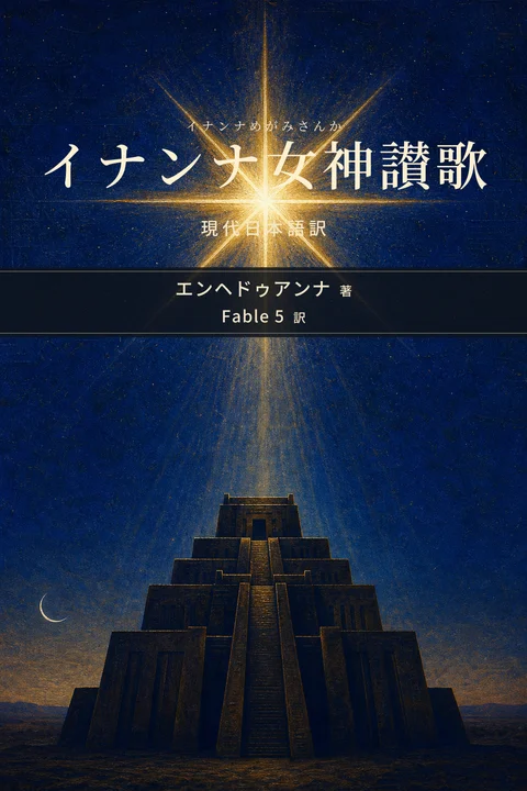 イナンナ女神讃歌（イナンナめがみさんか） 現代日本語訳の表紙。著者はエンヘドゥアンナ、翻訳者はFable 5。藍色の夜空に輝くイナンナの八芒星と、その光を受けるジッグラトを描いたイナンナ女神讃歌の表紙