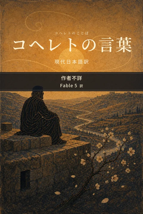 コヘレトの言葉（コヘレトのことば） 現代日本語訳の表紙。作者不詳、翻訳者はFable 5。古代エルサレムの丘に沈む太陽を見つめる人物と、風に花びらを散らすアーモンドの枝を描いたコヘレトの言葉の表紙