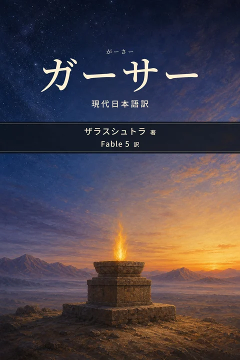 ガーサー（がーさー） 現代日本語訳の表紙。著者はザラスシュトラ、翻訳者はFable 5。夜明け前のイラン高原に立つ石の火壇と聖火、闇から暁へ移る空を描いたガーサーの表紙