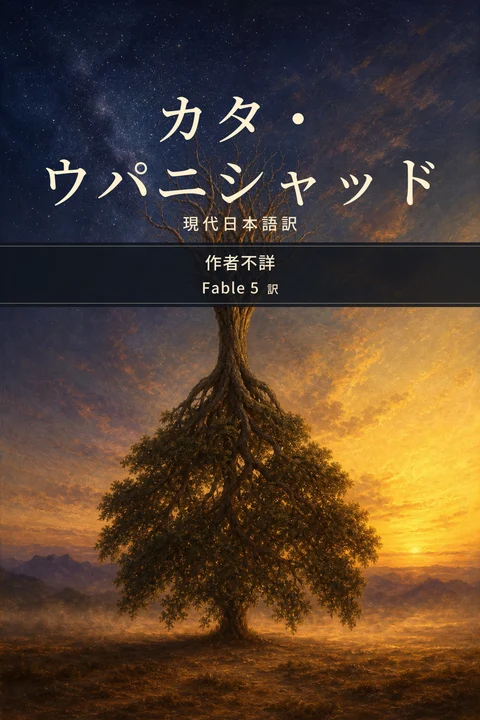 カタ・ウパニシャッド 現代日本語訳の表紙。作者不詳、翻訳者はFable 5。根を天へ、枝を地へ伸ばす聖なるイチジクの樹を、星空から黄金の夜明けへ移る空の下に描いた油彩風の表紙画