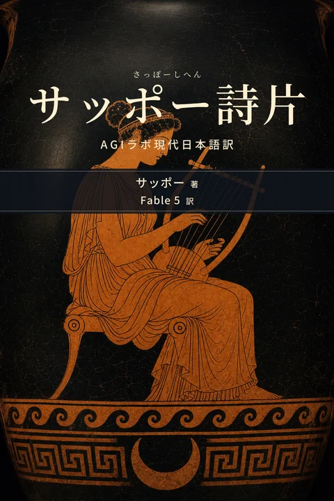 サッポー詩片（さっぽーしへん） AGIラボ現代日本語訳の表紙。著者はサッポー、翻訳者はFable 5。夜の海と月を背に、赤絵式陶器の画風で竪琴を奏でるサッポーを描いた表紙画