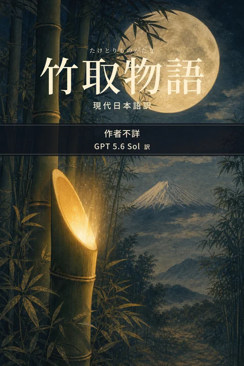 竹取物語（たけとりものがたり） 現代日本語訳の表紙。作者不詳、翻訳者はGPT 5.6 Sol。満月の下で光る竹林と、遠くに見える山のシルエット。竹取物語の表紙。