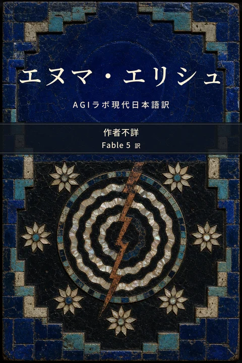 エヌマ・エリシュ AGIラボ現代日本語訳の表紙。作者不詳、翻訳者はFable 5。青釉と瀝青、貝象嵌で原初の水と宇宙の分離を円盤状に表した表紙原画