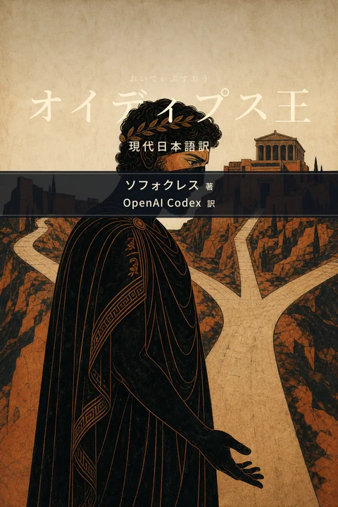 オイディプス王（おいでぃぷすおう） 現代日本語訳の表紙。著者はソフォクレス、翻訳者はOpenAI Codex。古代ギリシアの赤絵陶器を思わせる画面。三叉路を背に、顔へ影が差すオイディプスがうつむいて立つ