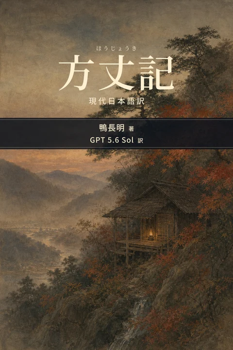 方丈記（ほうじょうき） 現代日本語訳の表紙。著者は鴨長明、翻訳者はGPT 5.6 Sol。秋の山中に建つ小さな方丈の庵と谷の霞を描いた表紙画
