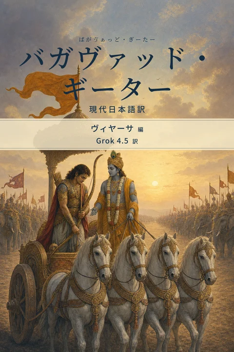 バガヴァッド・ギーター（ばがゔぁっど・ぎーたー） 現代日本語訳の表紙。著者はヴィヤーサ、翻訳者はGrok 4.5。夜明けのクルクシェートラで、白馬の戦車に立つクリシュナが、弓を下ろしてうつむくアルジュナに語りかける表紙画