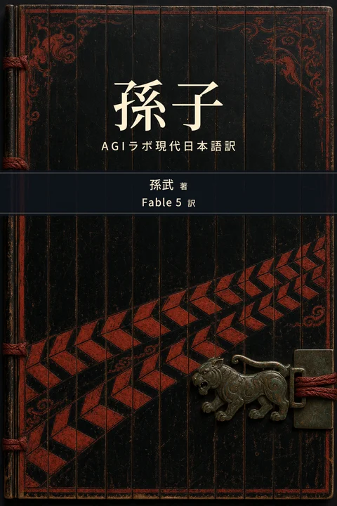 孫子 AGIラボ現代日本語訳の表紙。著者は孫武、翻訳者はFable 5。黒朱漆の竹簡帙に軍勢の変化を示す斜行文様と青銅の虎符を配した表紙原画