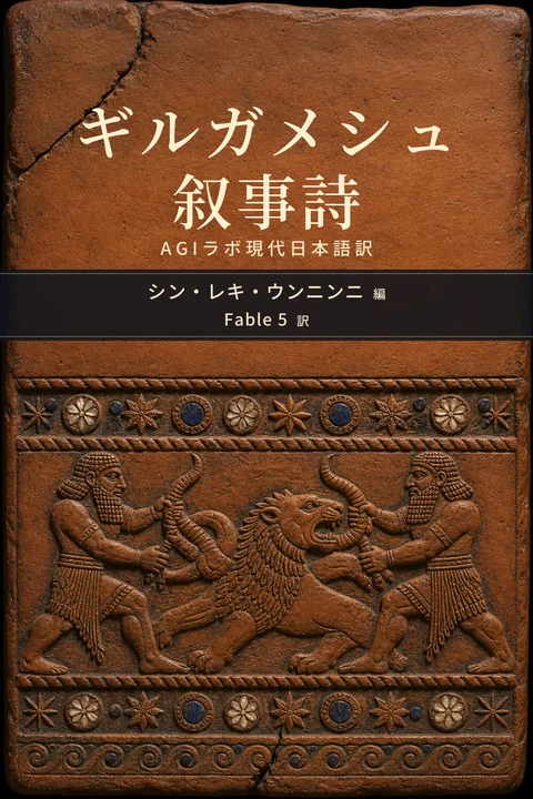 ギルガメシュ叙事詩 AGIラボ現代日本語訳の表紙。著者はシン・レキ・ウンニンニ、翻訳者はFable 5。焼成粘土板に二人の英雄と獅子牛を低浮彫で表し、ラピスと貝を象嵌した表紙原画