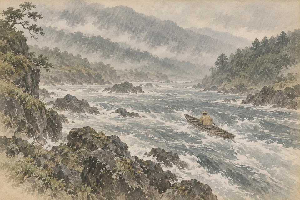 五月雨で増水した最上川の急流を、菅笠と蓑の旅人を乗せた一艘の木舟が下る。