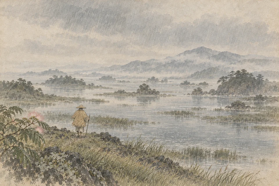 雨に煙る象潟の入江と小島を菅笠と蓑の旅人が見つめ、岸辺に淡い紅色の合歓の花が咲く。