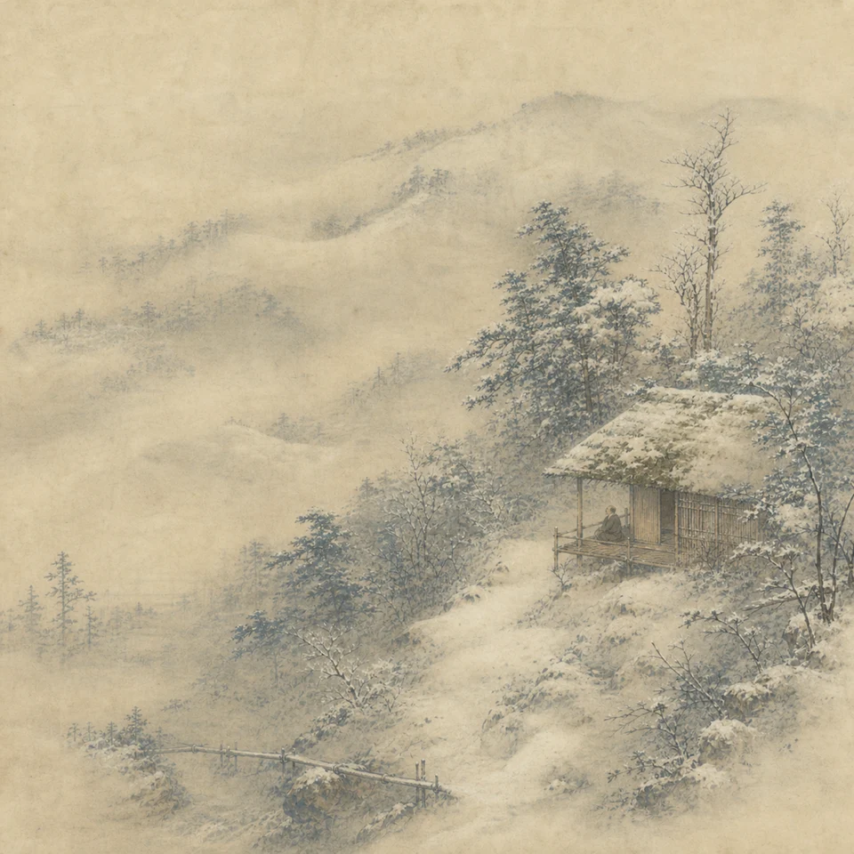 雪に包まれた古い庵と山林を、小さな僧が竹の簀子から静かに眺める